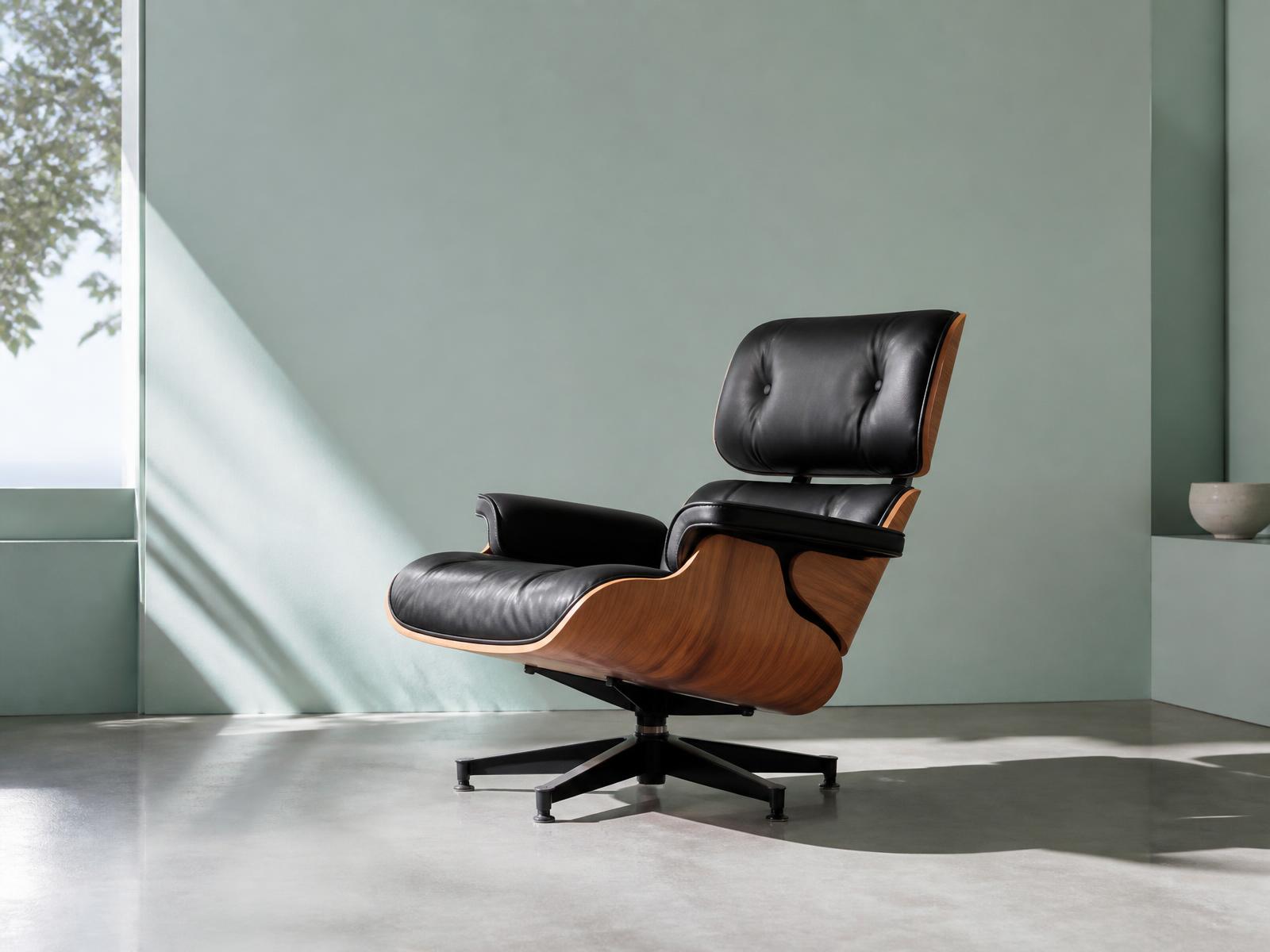 Mid-century plywood and black leather lounge chair in a gallery room
